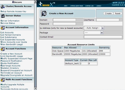 Web Host Manager Create Account Screen